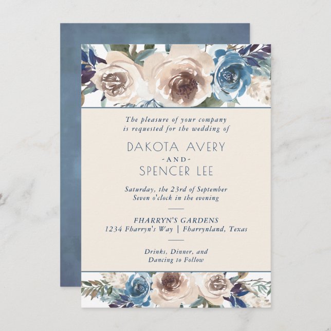 Invitación Lake Floral | Boda de Blue y Cream Garland (Anverso / Reverso)