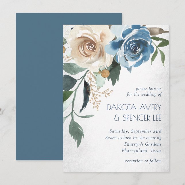 Invitación Lake Floral | Boda Dusty Blue Denim Cream (Anverso / Reverso)