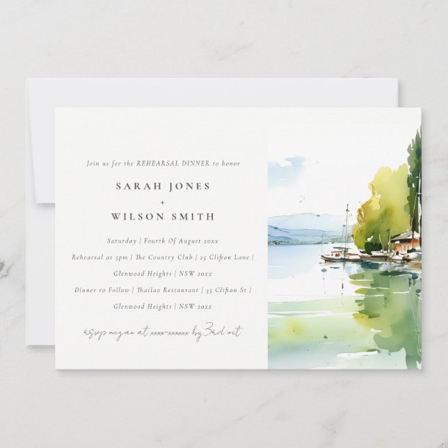 Invitación Lake Geneva Switzerland Scape Rehearsal Dinner (Anverso)