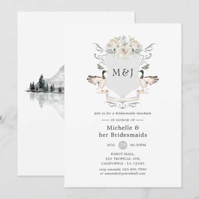 Invitación Lakeside Monograma Escudo Bridesmaids Luncheon (Anverso / Reverso)