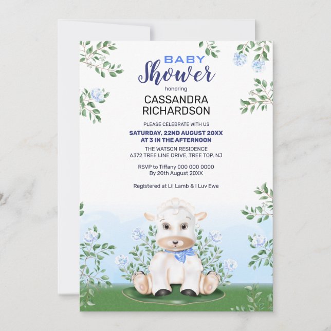 Invitación Lamb Blue Floral Boy Baby Shower (Anverso)