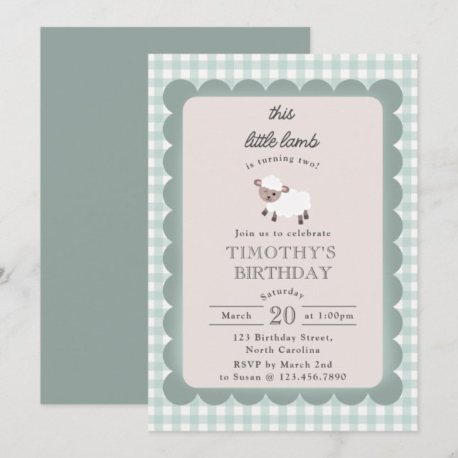 Invitación Lamb Farm Party Animals Boys 1st Birthday Blue (Anverso / Reverso)
