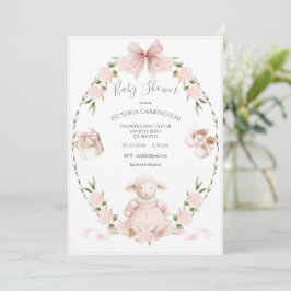 Invitación Lamb Floral Hydrangeas Pink Girl Baby Shower