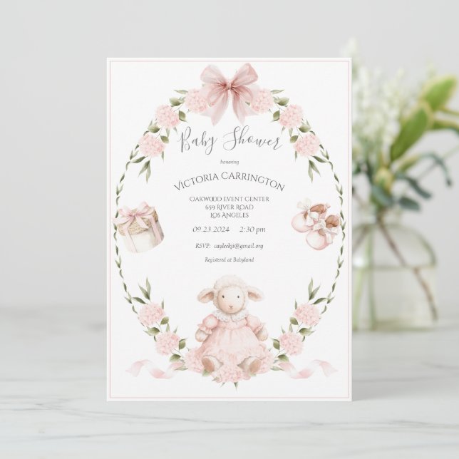 Invitación Lamb Floral Hydrangeas Pink Girl Baby Shower (Anverso de pie)