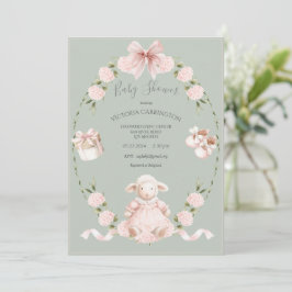 Invitación Lamb Floral Hydrangeas Pink Sage Girl Baby Shower