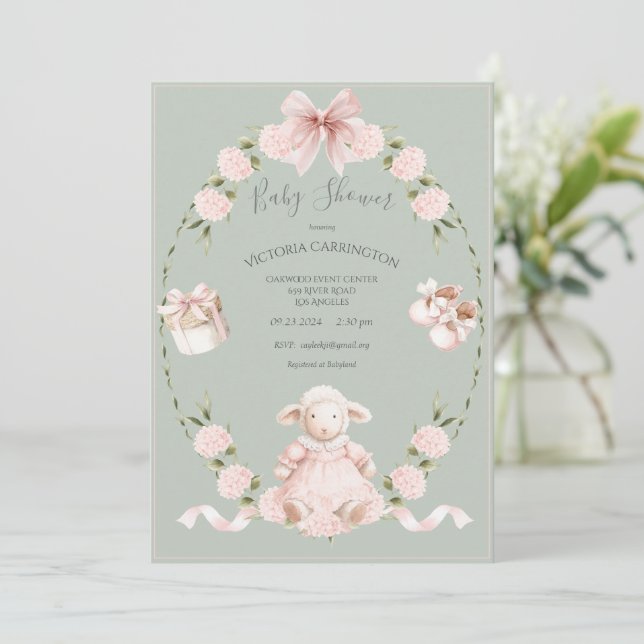 Invitación Lamb Floral Hydrangeas Pink Sage Girl Baby Shower (Anverso de pie)
