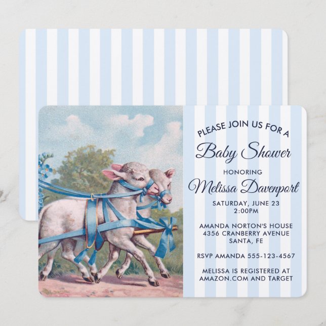Invitación Lambres de época en Baby Shower de cintas azules (Anverso / Reverso)