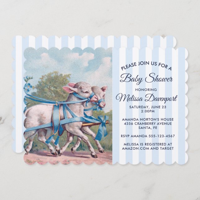 Invitación Lambres de época en Baby Shower de cintas azules (Anverso / Reverso)