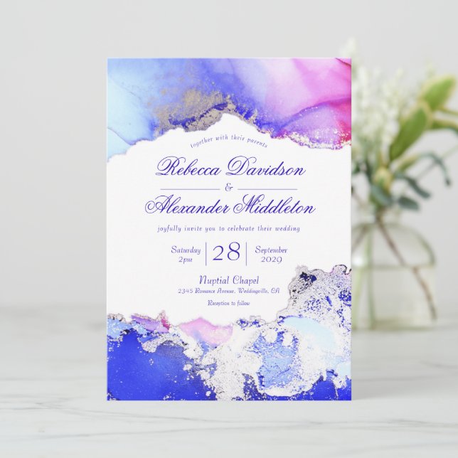 Invitación Lámina de tinta de los tonos azul celestial morado (Anverso de pie)