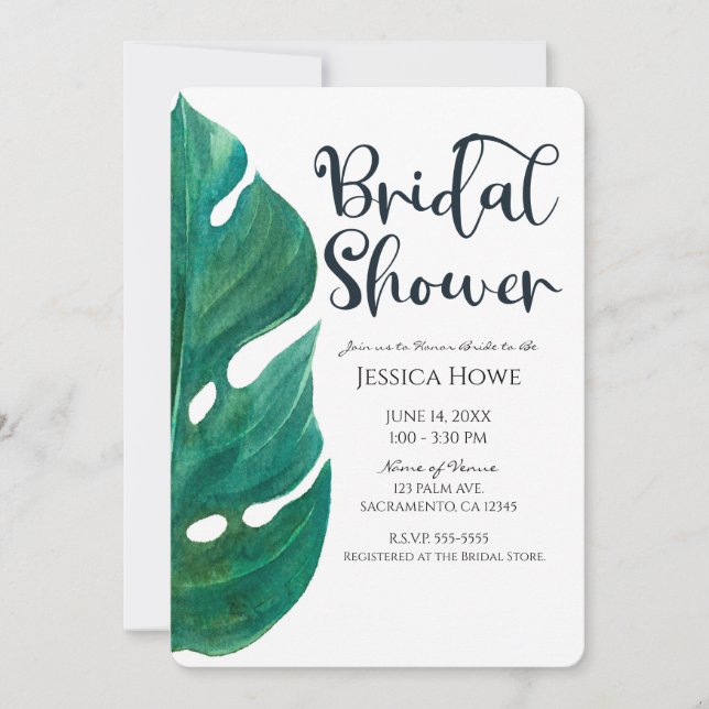 Invitación Lámina Tropical Blanca y Verde Ducha de Novias Clá (Anverso)