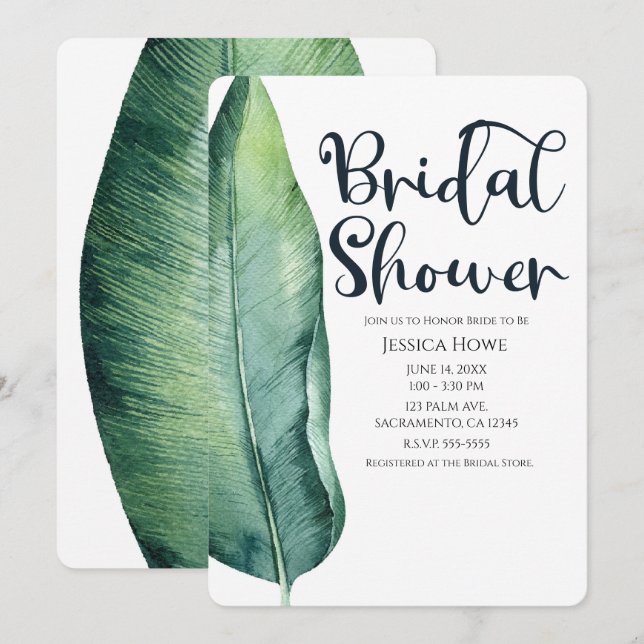 Invitación Lámina Tropical Blanca y Verde Ducha de Novias Clá (Anverso / Reverso)