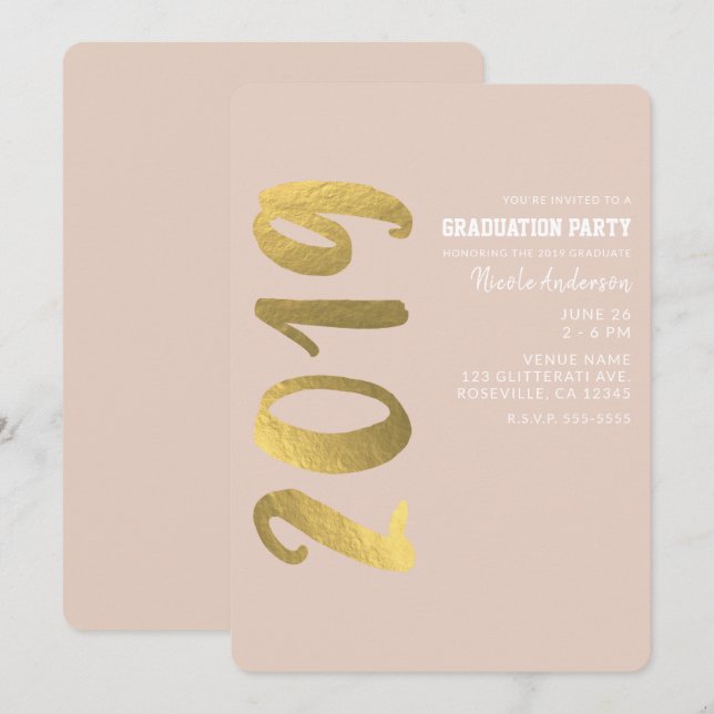 Invitación Laminado Dorado Falso Brillante Beige Glam Graduac (Anverso / Reverso)