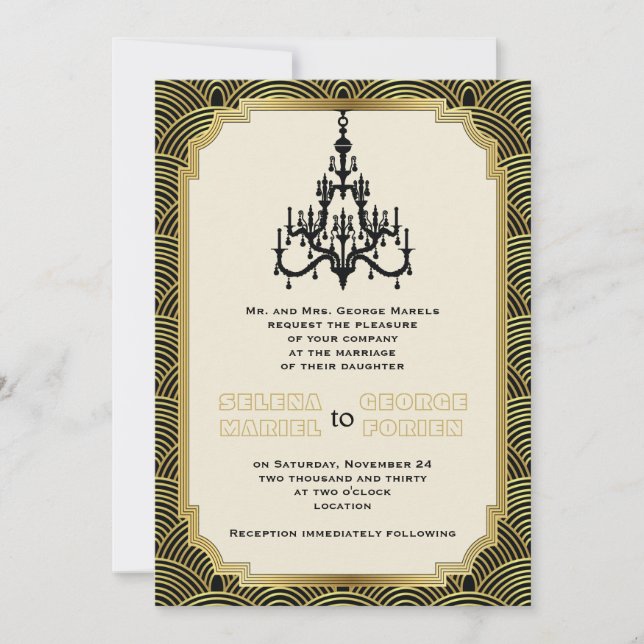 Invitación Lámpara Art Déco negro, boda de la sigiaha dorado (Anverso)