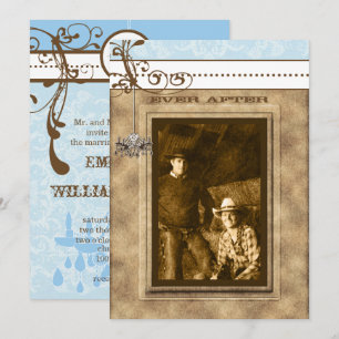 Invitación Lámpara azul y marrón de vintage Damask Your Photo