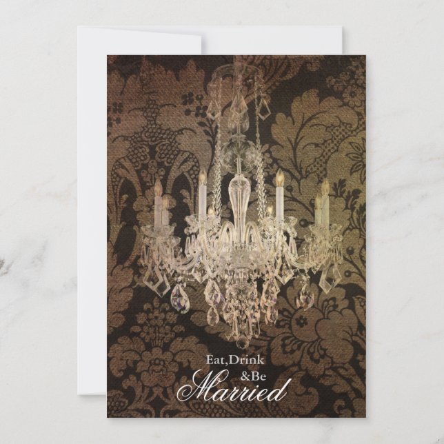 Invitación lámpara de araña de damasco rústica boda Ensayo Ce (Reverso)