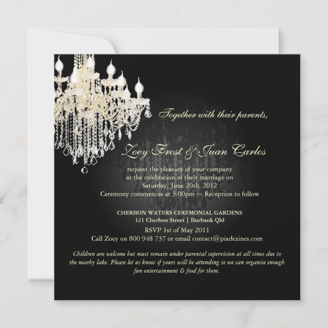 Invitación Lámpara de cristal de PixDezines + Damasco/negro+b (Anverso)