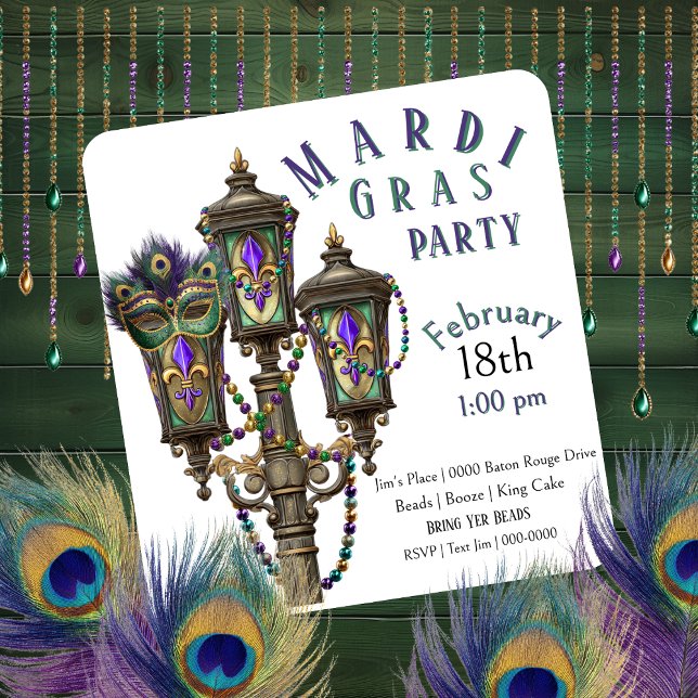 Invitación Lámpara de gas | Cuentas de Mardi Gras | Mascarada (Gas lamp and Mardi Gras beads party invitation you can fully customize. )
