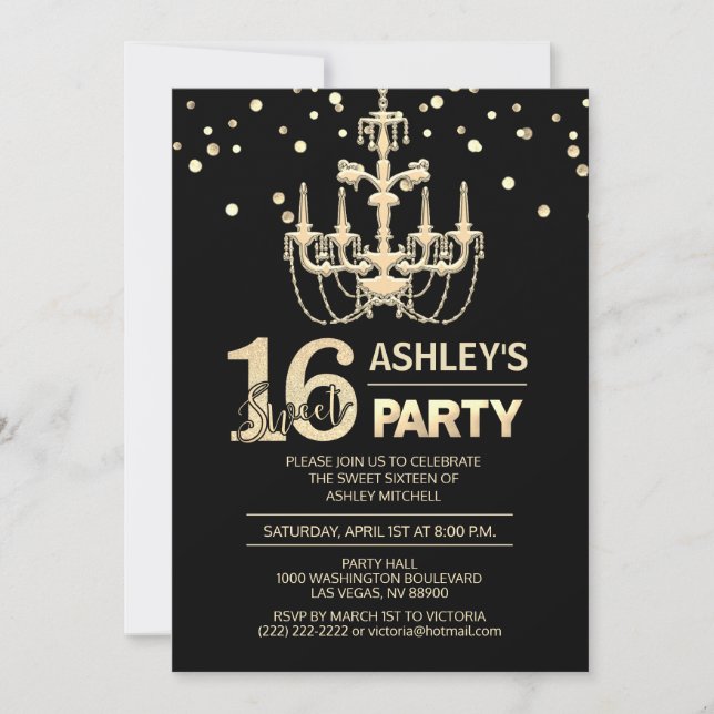 Invitación Lámpara de oro negro SWEET 16 Fiesta (Anverso)
