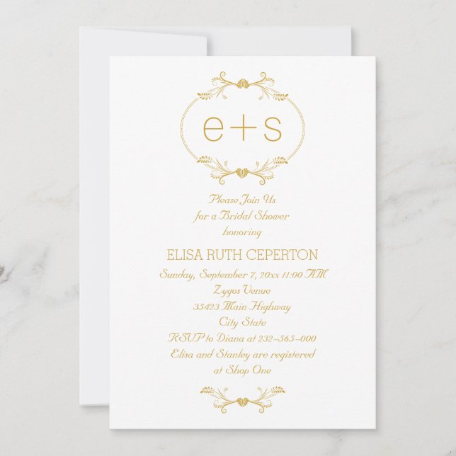 Invitación Lámpara dorada y ducha de boda con monograma (Anverso)