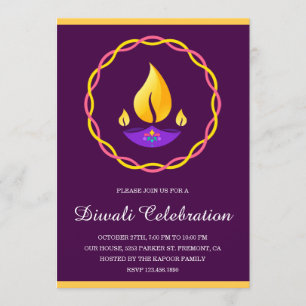 Invitación Lámpara india elegante Diya púrpura fiesta Diwali