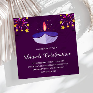 Invitación Lámpara india elegante Diya púrpura fiesta Diwali