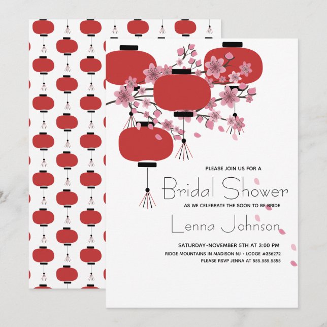 Invitación Lámpara Oriental Japonesa China Sakura Nupcial (Anverso / Reverso)