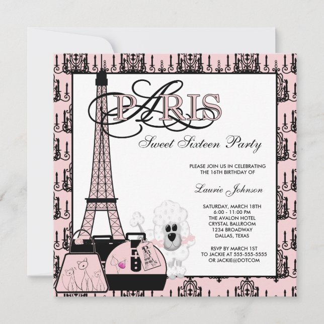 Invitación Lámpara rosa negra de París dulce dieciséis Fiesta (Anverso)