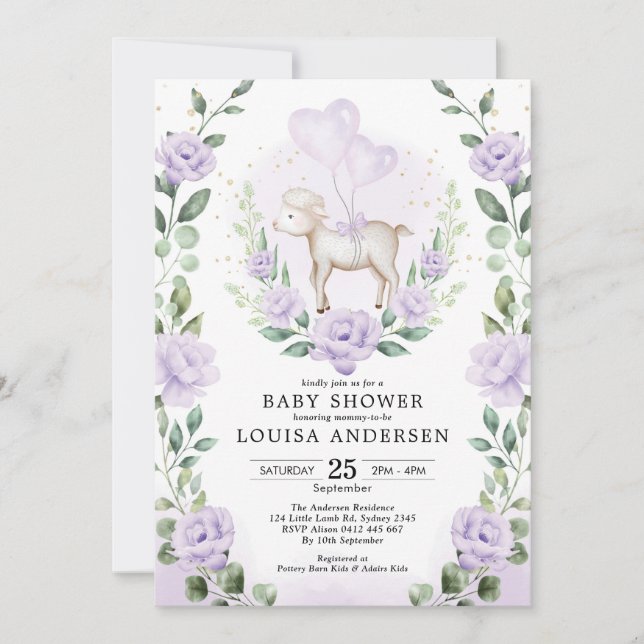 Invitación Lámpara suave de flores moradas Baby Shower Spring (Anverso)