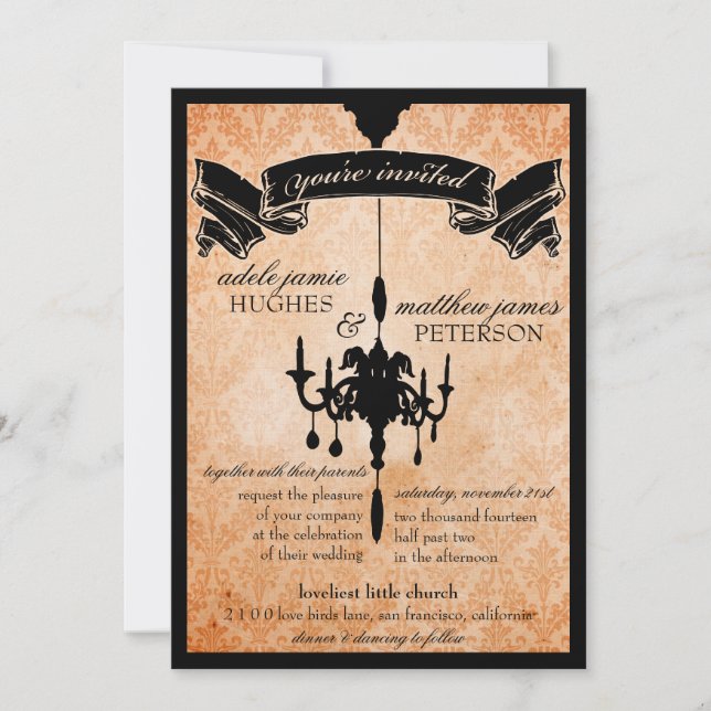 Invitación Lámpara victoriana ・ Boda naranja pálido y negro (Anverso)
