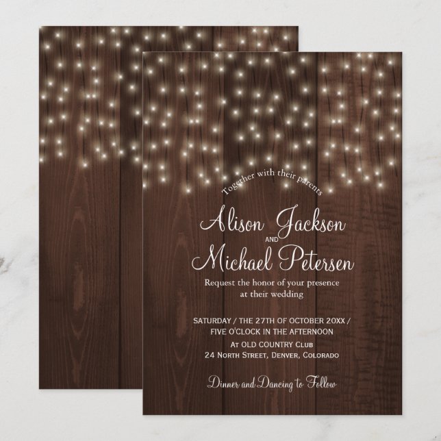 Invitación Lámparas de araña rústico boda de madera de grano  (Anverso / Reverso)