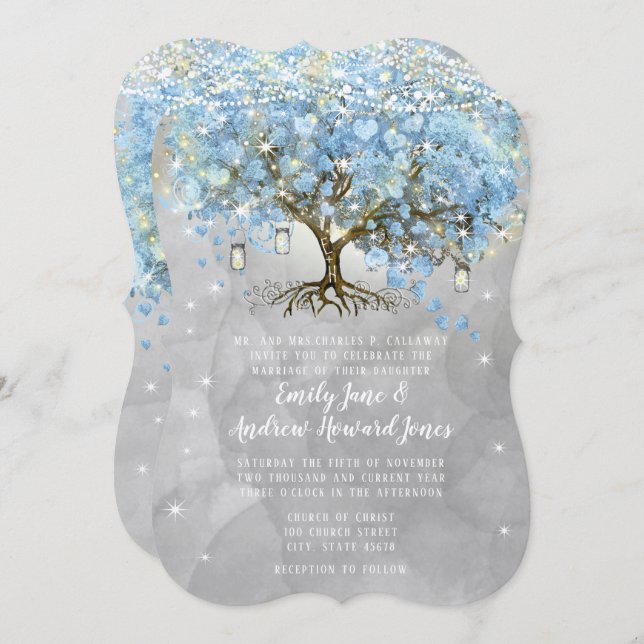 Invitación Lámparas de hadas Blue Heart Leaf Tree Watercolor (Anverso / Reverso)