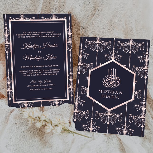 Invitación Lámparas rosas de Rubor azul oscuro Boda musulmán (Subido por el creador)