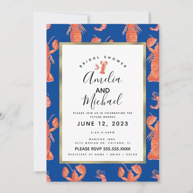 Invitación Langosta Camarón Cangrejo de río Acuarela Nupcial (Anverso)