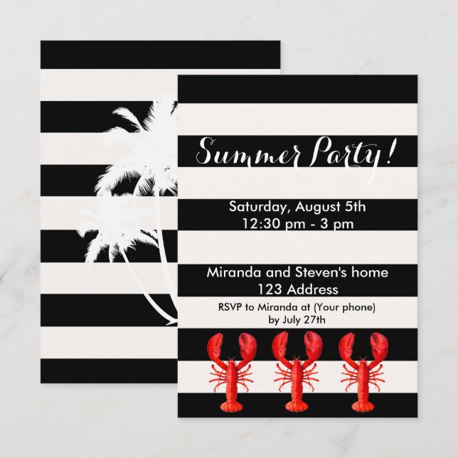 Invitación Langosta roja fiesta de verano blanco negro (Anverso / Reverso)