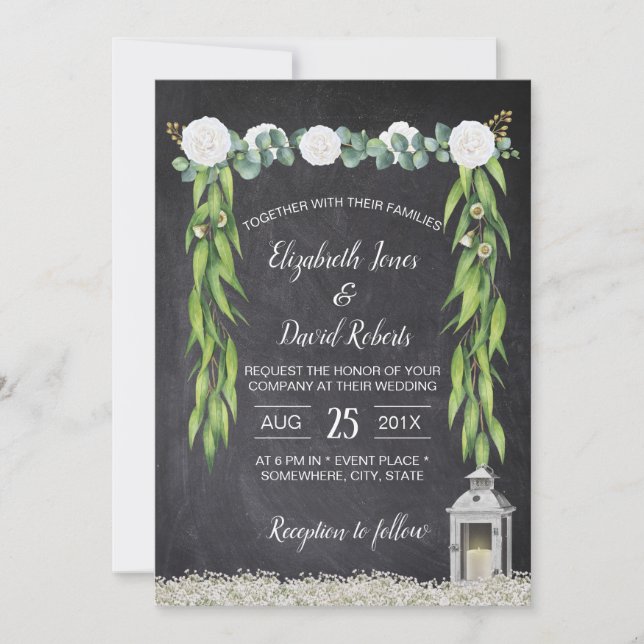 Invitación Lantern Boho Boda del tablero de croquis con flore (Anverso)