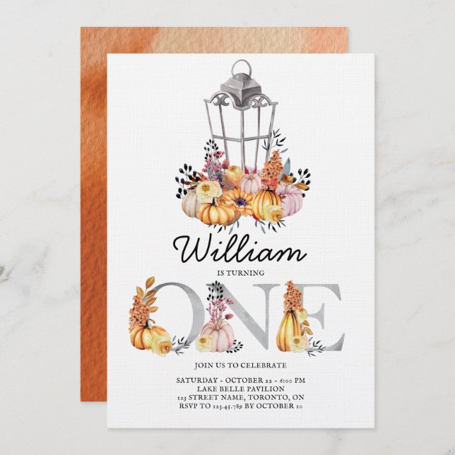 Invitación Lantern Watercolor Otoño Primer Cumpleaños (Anverso / Reverso)