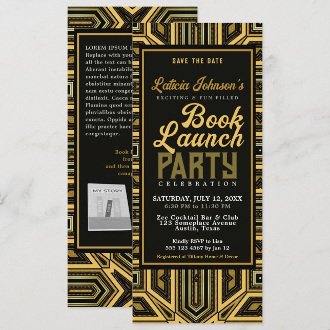 Invitación Lanzamiento de libro de vidrio de estilo Art Deco (Anverso / Reverso)