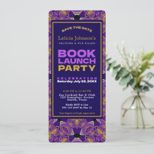 Invitación Lanzamiento del libro de encaje dorado fucsia púrp