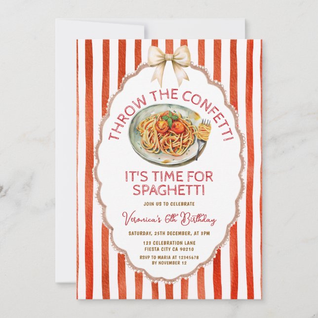 Invitación Lanzar El Confeti Hora de Cumpleaños de Spaghetti (Anverso)