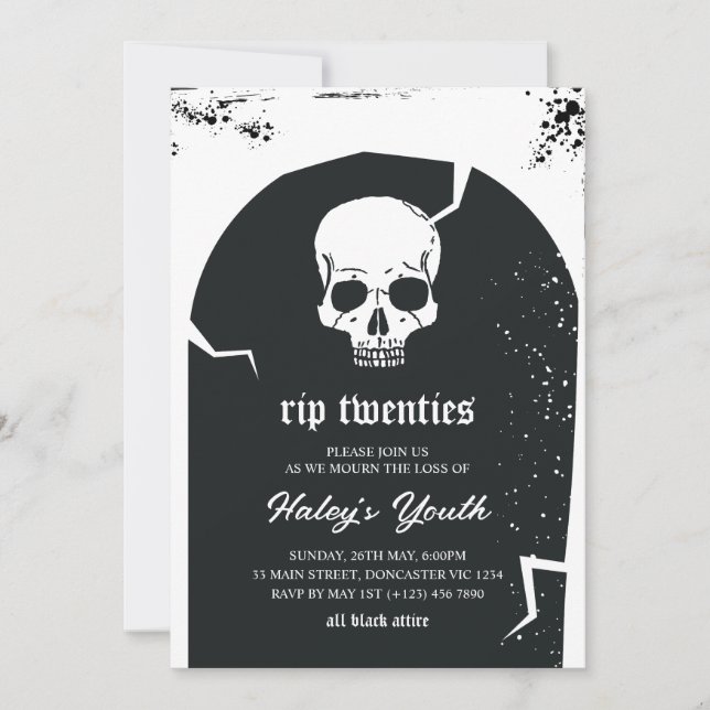 Invitación Lápida y calavera RIP Veinteañera Cumpleaños 30 (Anverso)