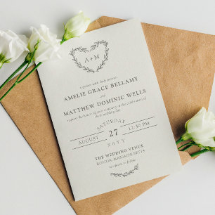 Invitación Lápiz Gris off White Heart Wreath 2 en 1 Boda