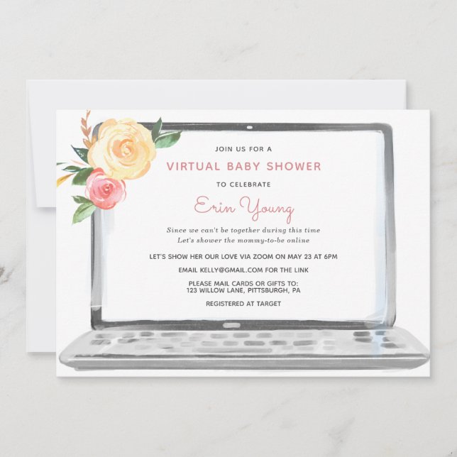 Invitación Laptop Baby Shower virtual con flores rosas (Anverso)