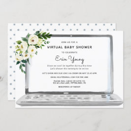 Invitación Laptop virtual Baby Shower con flores blancas