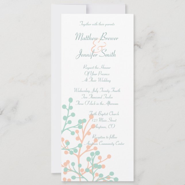 Invitación larga floral coralina y verde de la (Anverso)