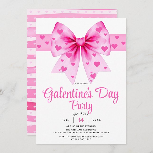 Invitación Large pink bow and hearts Galentine's Day party    (Anverso / Reverso)