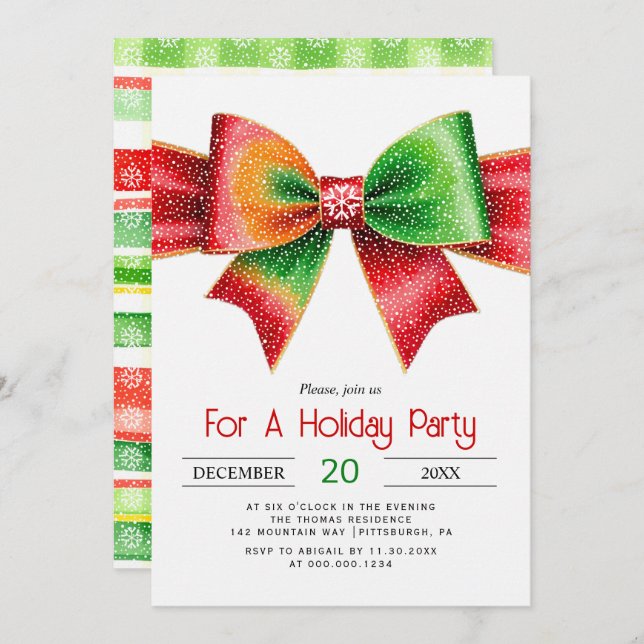 Invitación Large red and green bow christmas holiday party (Anverso / Reverso)