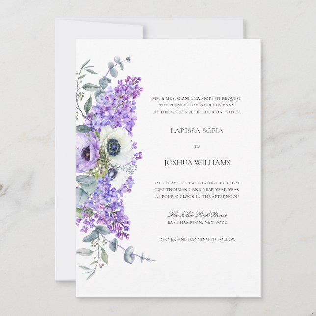 Invitación Larissa Elegante Floral Púrpura Vestido de Novia T (Anverso)