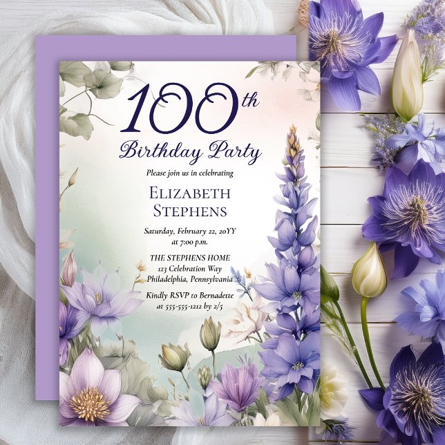 Invitación Larkspur | Water Lily Floral 100 cumpleaños (Elegant Boho Larkspur and Water Lilies Floral 100th Birthday Party Invitation - Print | Digital)