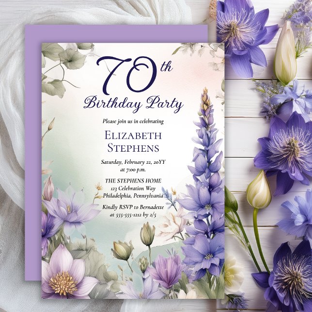 Invitación Larkspur | Water Lily Floral 70th Birthday Party (Elegant Boho Larkspur and Water Lilies Floral 70th Birthday Party Invitation - Print | Digital)