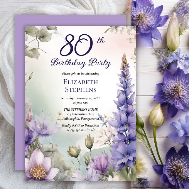 Invitación Larkspur | Water Lily Floral 80th Birthday Party (Elegant Boho Larkspur and Water Lilies Floral 80th Birthday Party Invitation - Print | Digital)